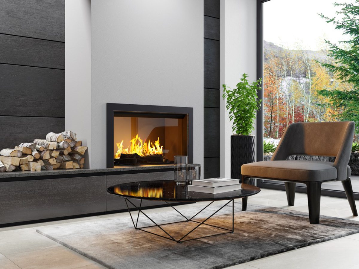 Modern minimalist apartment interior living room with fireplace